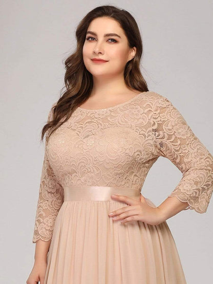 Plus Size Long Lace Sleeve Formal Evening Gowns #color_Blush 