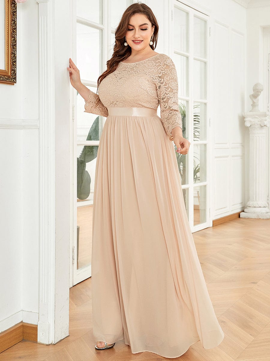 Custom Size See-Through Maxi Lace Evening Dress with Half Sleeve #color_Blush