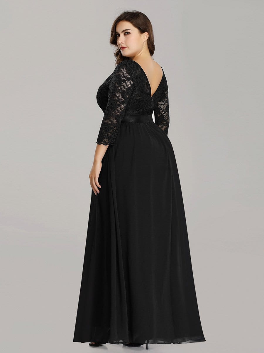 See-Through Floor Length Lace Evening Dress with Half Sleeve #color_Black 