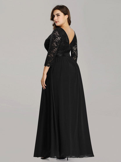 Custom Size See-Through Maxi Lace Evening Dress with Half Sleeve #color_Black