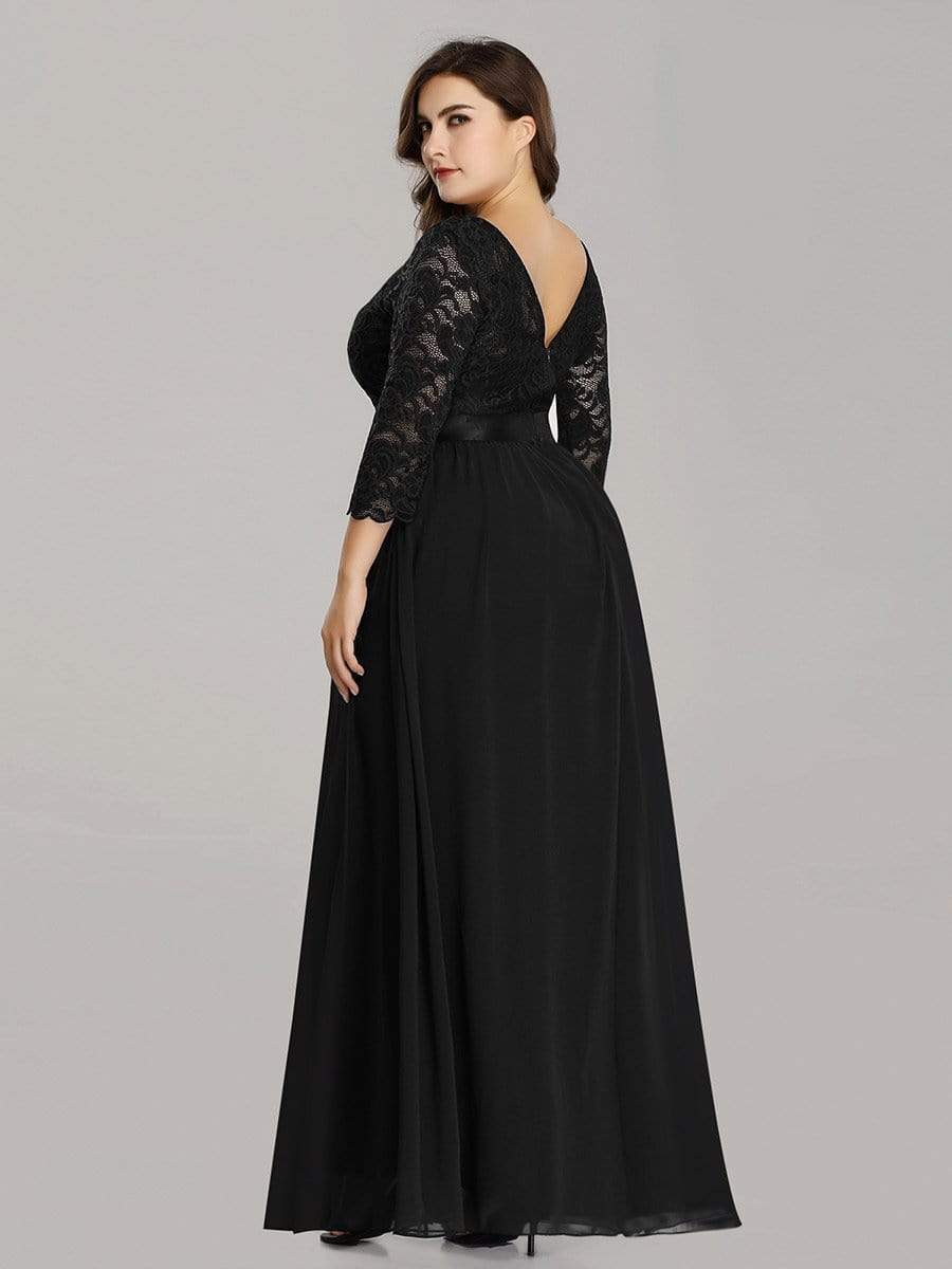 Plus Size Long Lace Sleeve Formal Evening Gowns #color_Black 