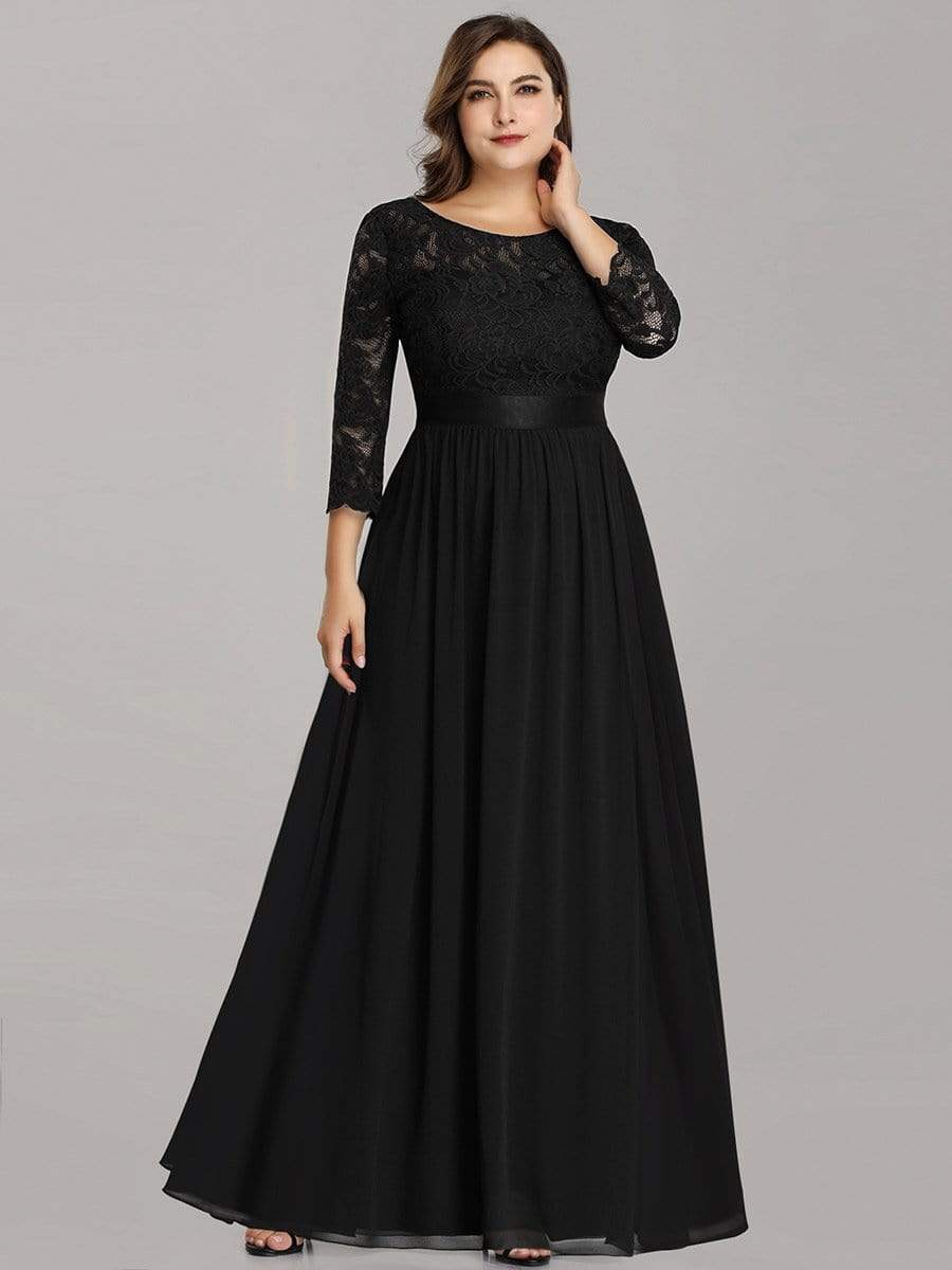 Plus Size Long Lace Sleeve Formal Evening Gowns #color_Black 