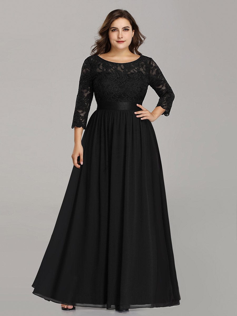 Custom Size See-Through Maxi Lace Evening Dress with Half Sleeve #color_Black