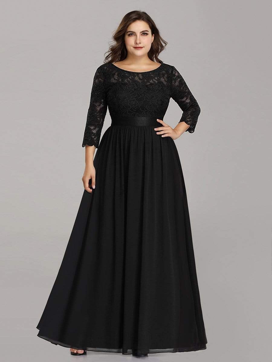 Plus Size Long Lace Sleeve Formal Evening Gowns #color_Black 