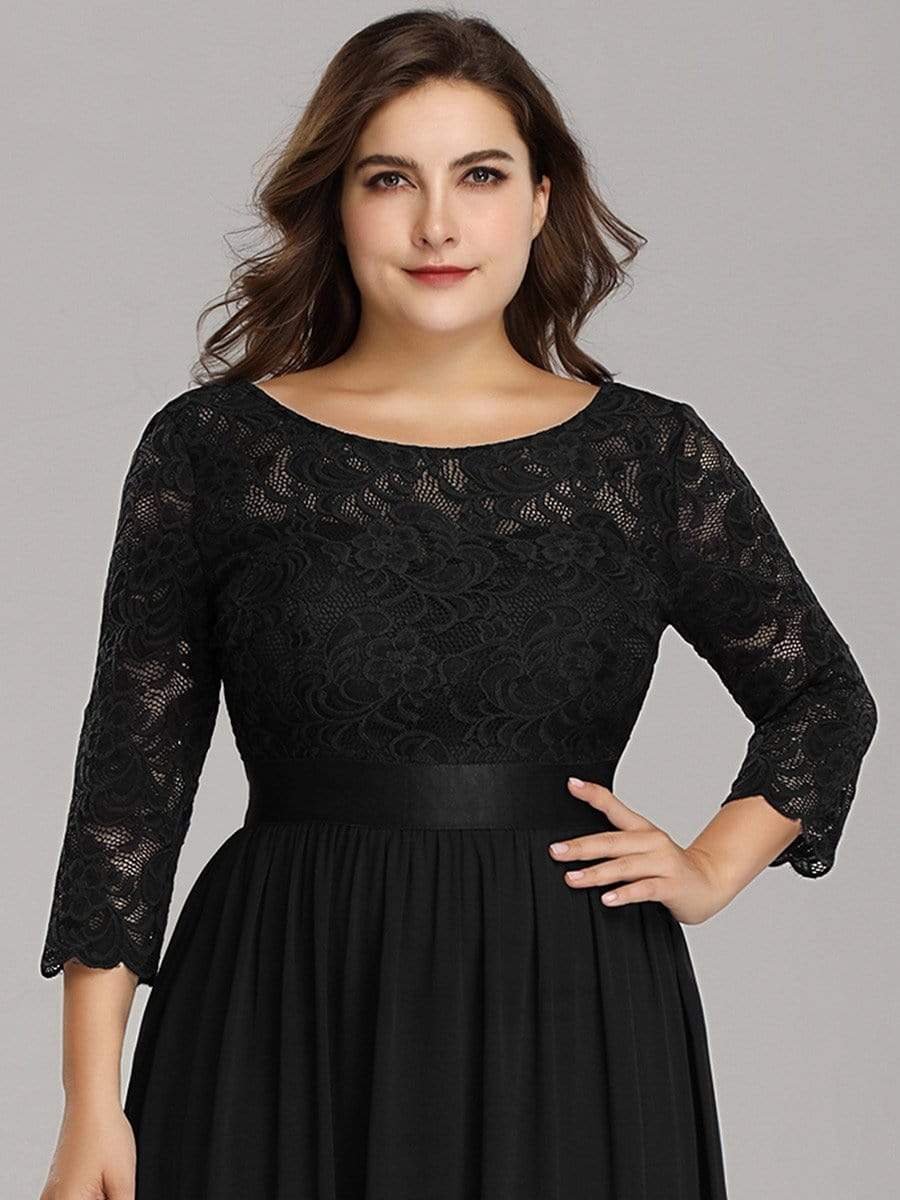 Plus Size Long Lace Sleeve Formal Evening Gowns #color_Black 