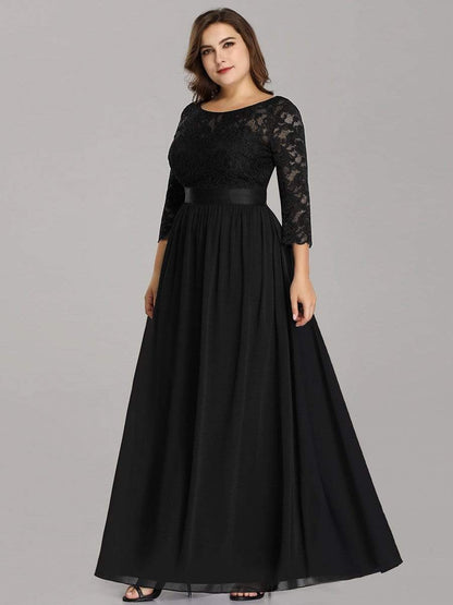 See-Through Floor Length Lace Evening Dress with Half Sleeve #color_Black 