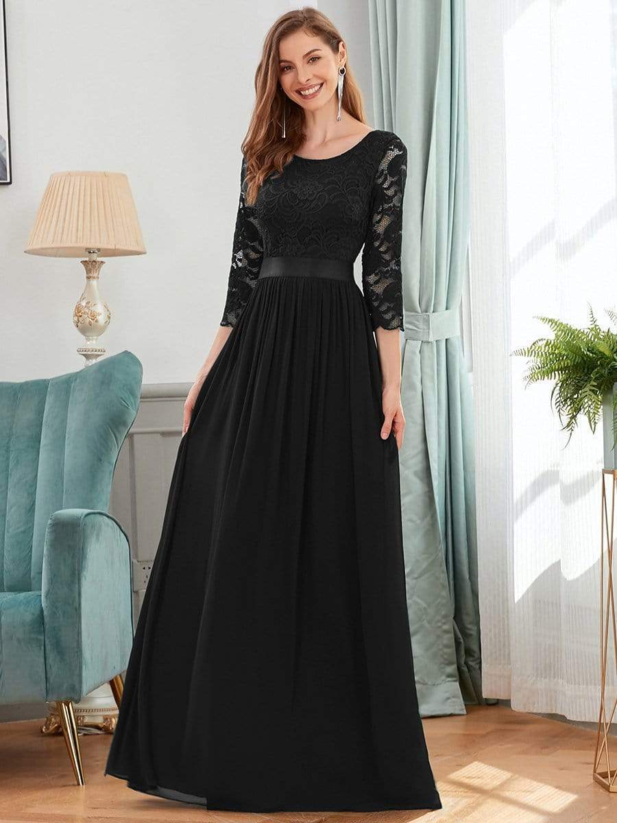 See-Through Floor Length Lace Evening Dress with Half Sleeve #color_Black 