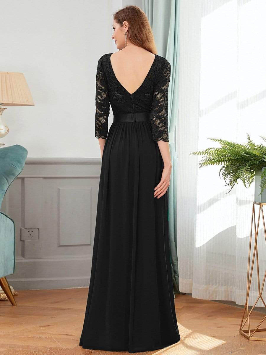 See-Through Floor Length Lace Evening Dress with Half Sleeve #color_Black 