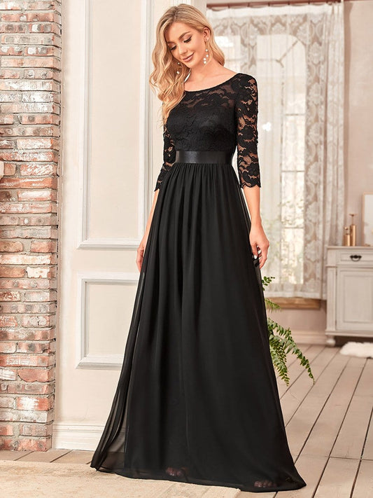 See-Through Floor Length Lace Evening Dress with Half Sleeve #color_Black 