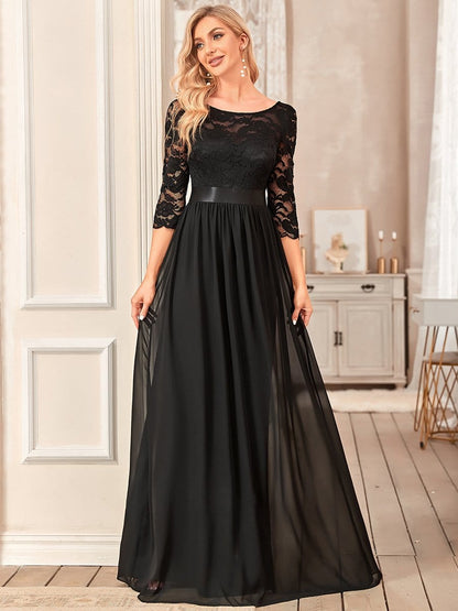 See-Through Floor Length Lace Evening Dress with Half Sleeve #color_Black 