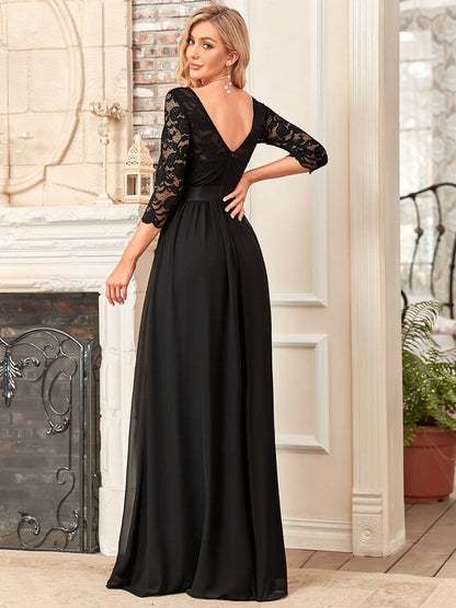 See-Through Floor Length Lace Evening Dress with Half Sleeve #color_Black 