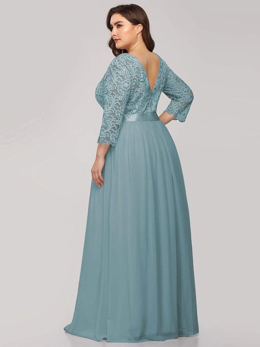 Plus Size Long Lace Sleeve Formal Evening Gowns #color_Dusty Blue 