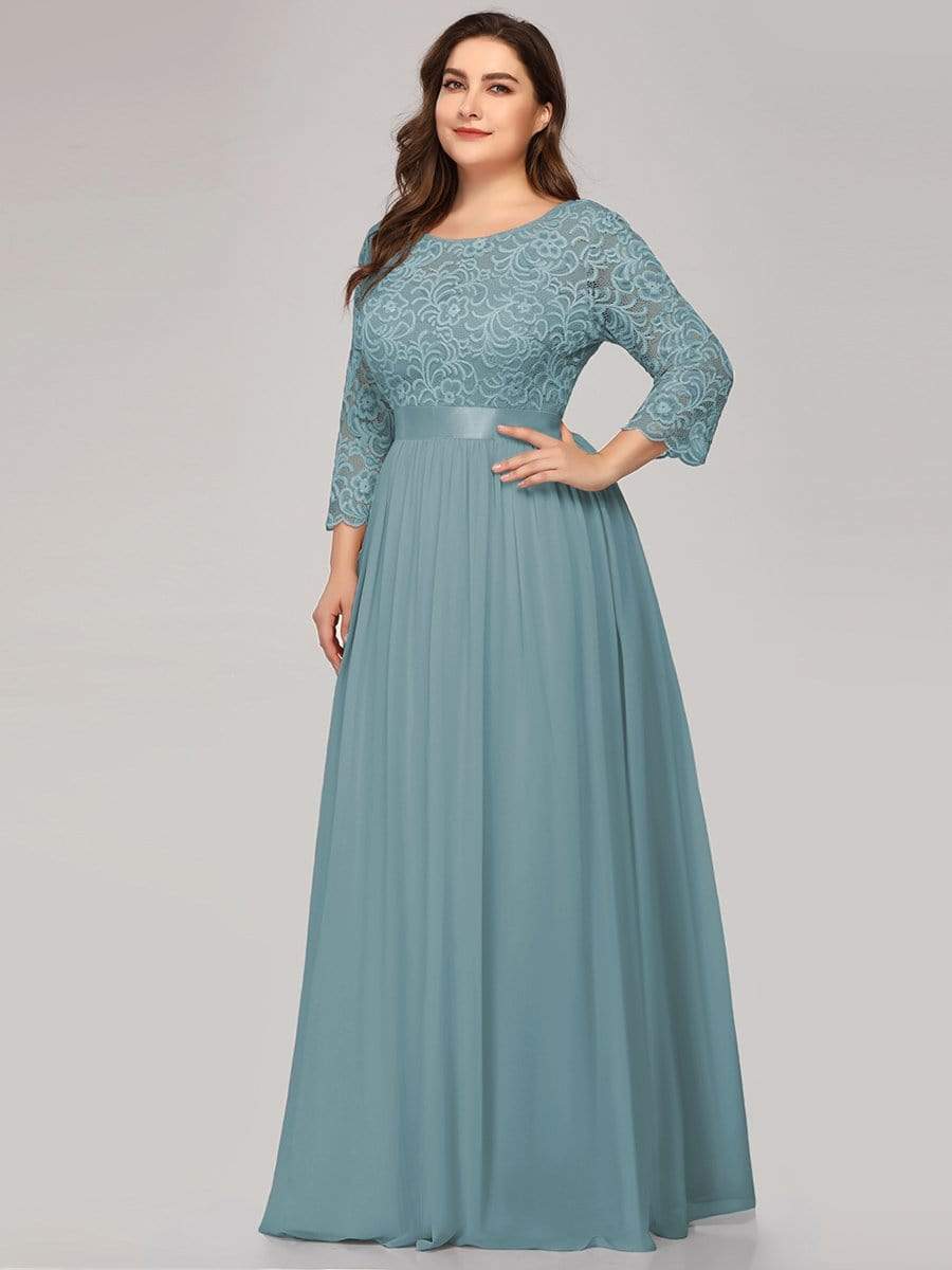 Plus Size Long Lace Sleeve Formal Evening Gowns #color_Dusty Blue 