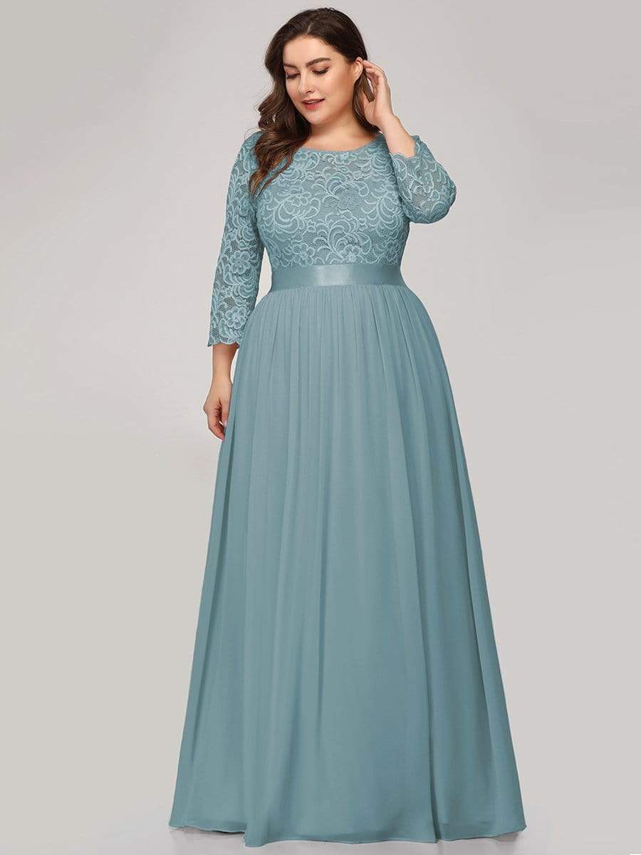 Plus Size Long Lace Sleeve Formal Evening Gowns #color_Dusty Blue 