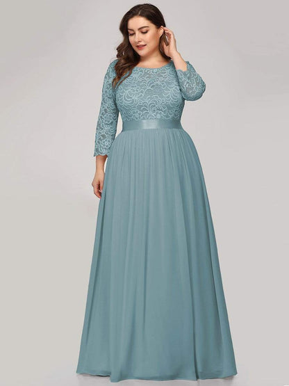 Plus Size Long Lace Sleeve Formal Evening Gowns #color_Dusty Blue 