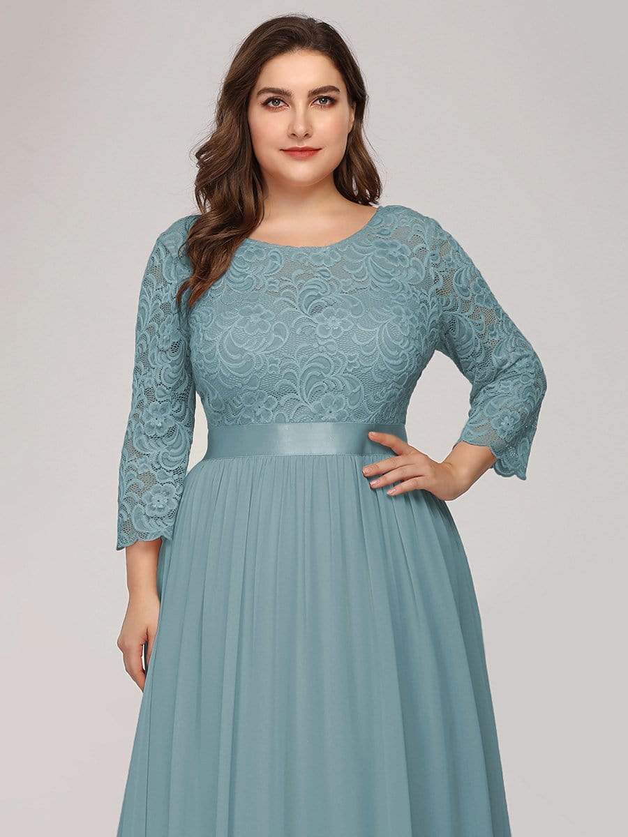 Plus Size Long Lace Sleeve Formal Evening Gowns #color_Dusty Blue 