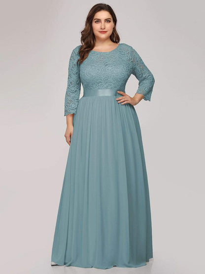 Plus Size Long Lace Sleeve Formal Evening Gowns #color_Dusty Blue 