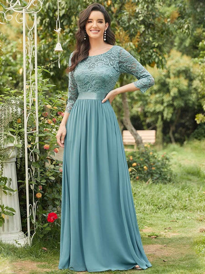 See-Through Floor Length Lace Evening Dress with Half Sleeve #color_Dusty Blue 