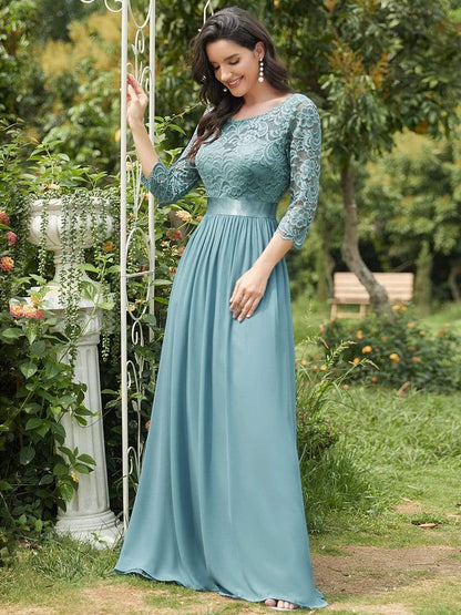 See-Through Floor Length Lace Evening Dress with Half Sleeve #color_Dusty Blue 