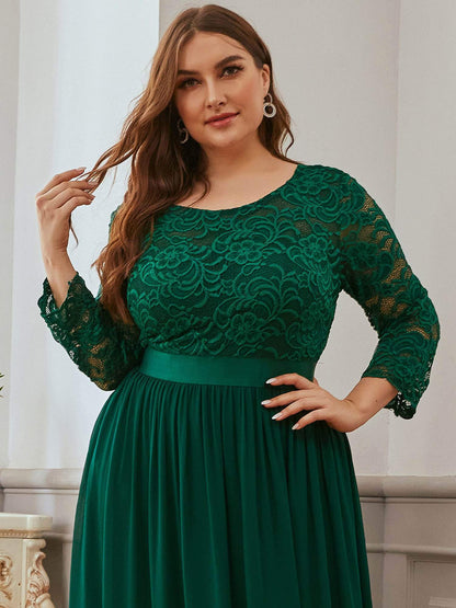 Plus Size Long Lace Sleeve Formal Evening Gowns #color_Dark Green 