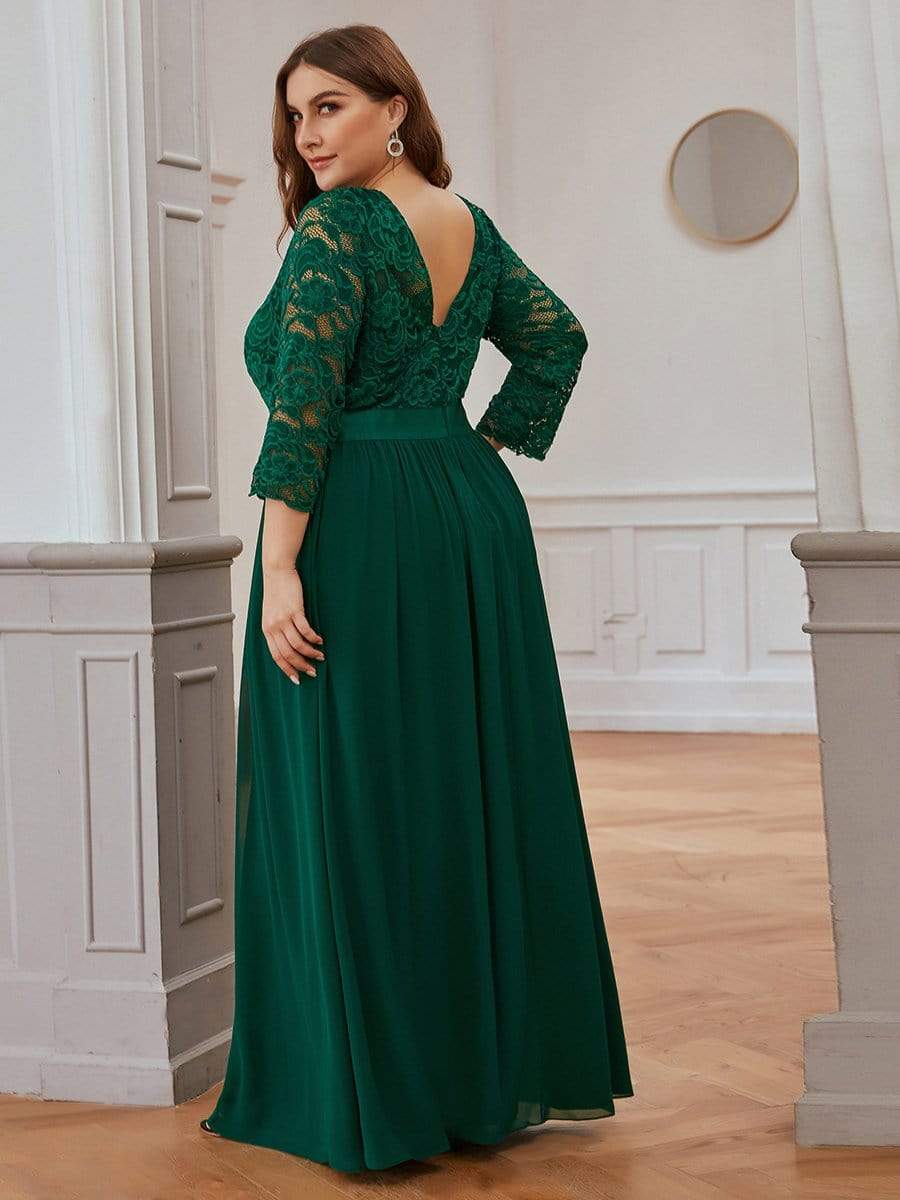 Plus Size Long Lace Sleeve Formal Evening Gowns #color_Dark Green 