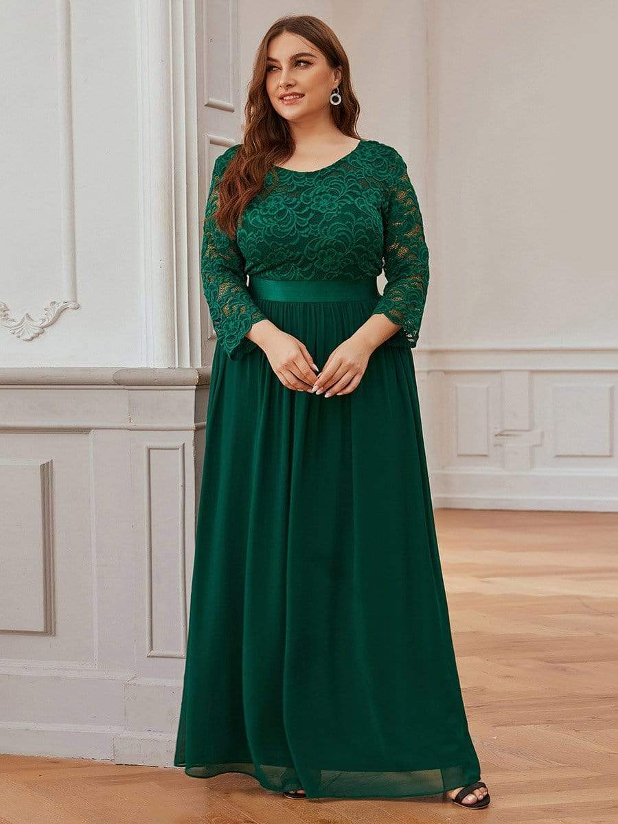 Plus Size Long Lace Sleeve Formal Evening Gowns #color_Dark Green 