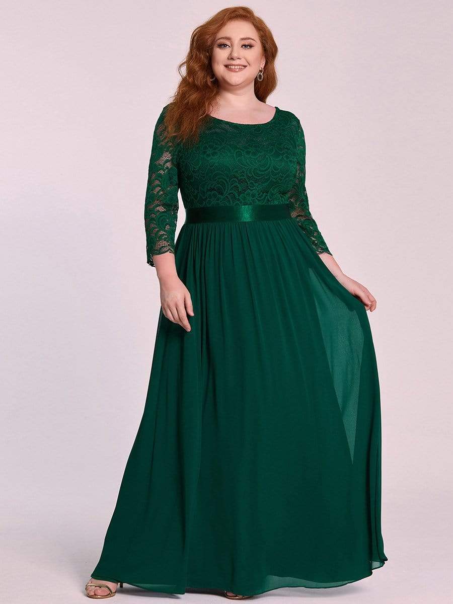 Plus Size Long Lace Sleeve Formal Evening Gowns #color_Dark Green 