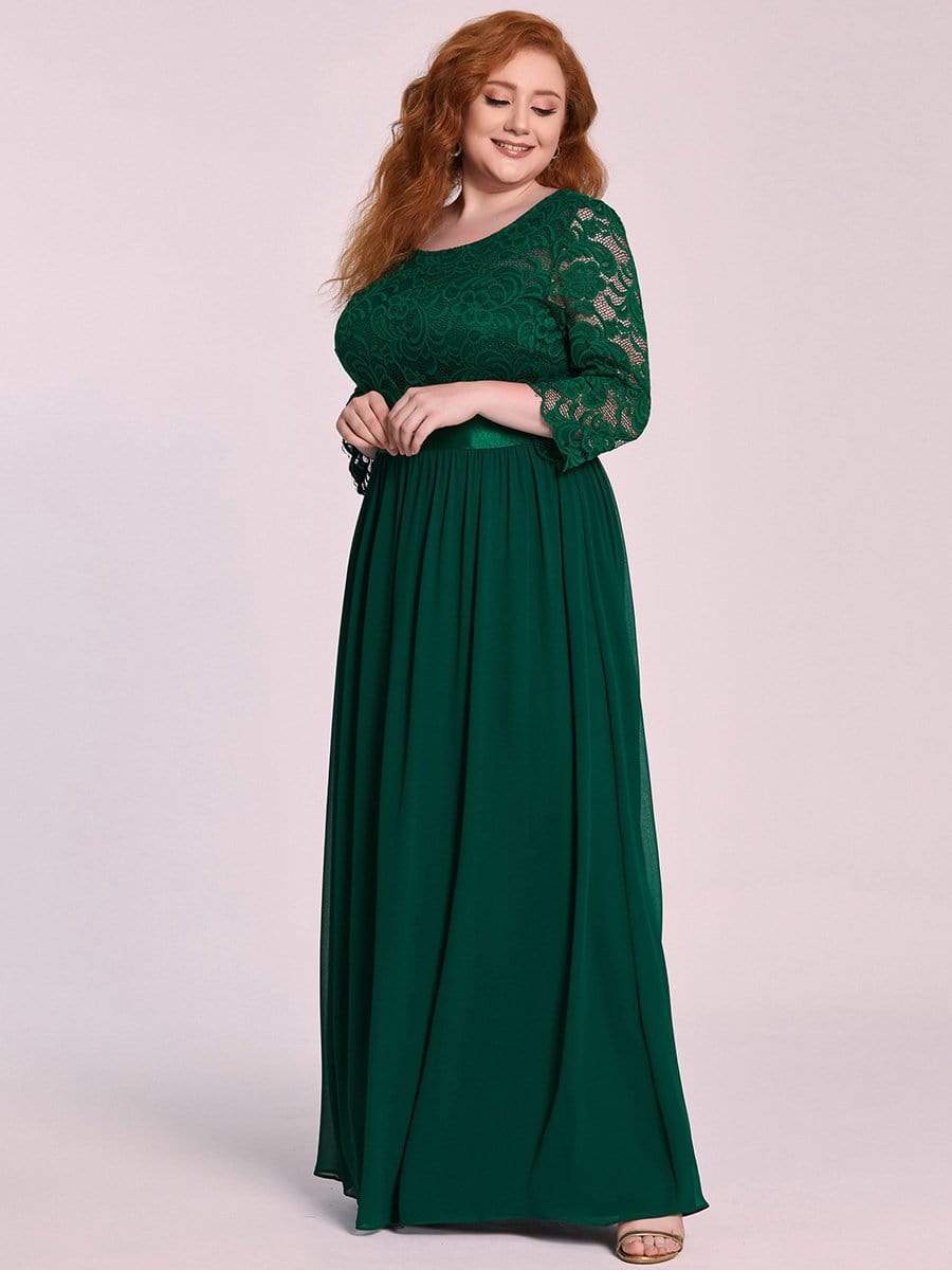 Plus Size Long Lace Sleeve Formal Evening Gowns #color_Dark Green 