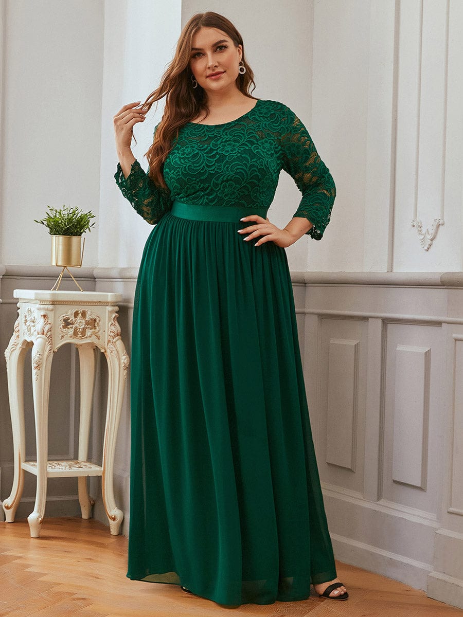 Custom Size See-Through Maxi Lace Evening Dress with Half Sleeve #color_Dark Green