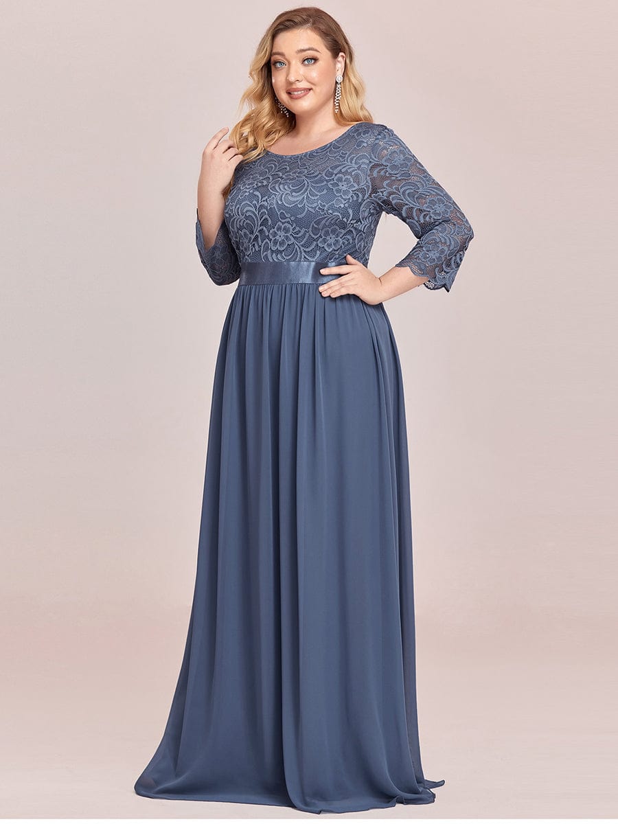 Custom Size See-Through Maxi Lace Evening Dress with Half Sleeve #color_Dusty Navy