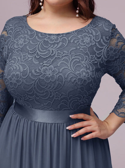 Plus Size Long Lace Sleeve Formal Evening Gowns #color_Dusty Navy 