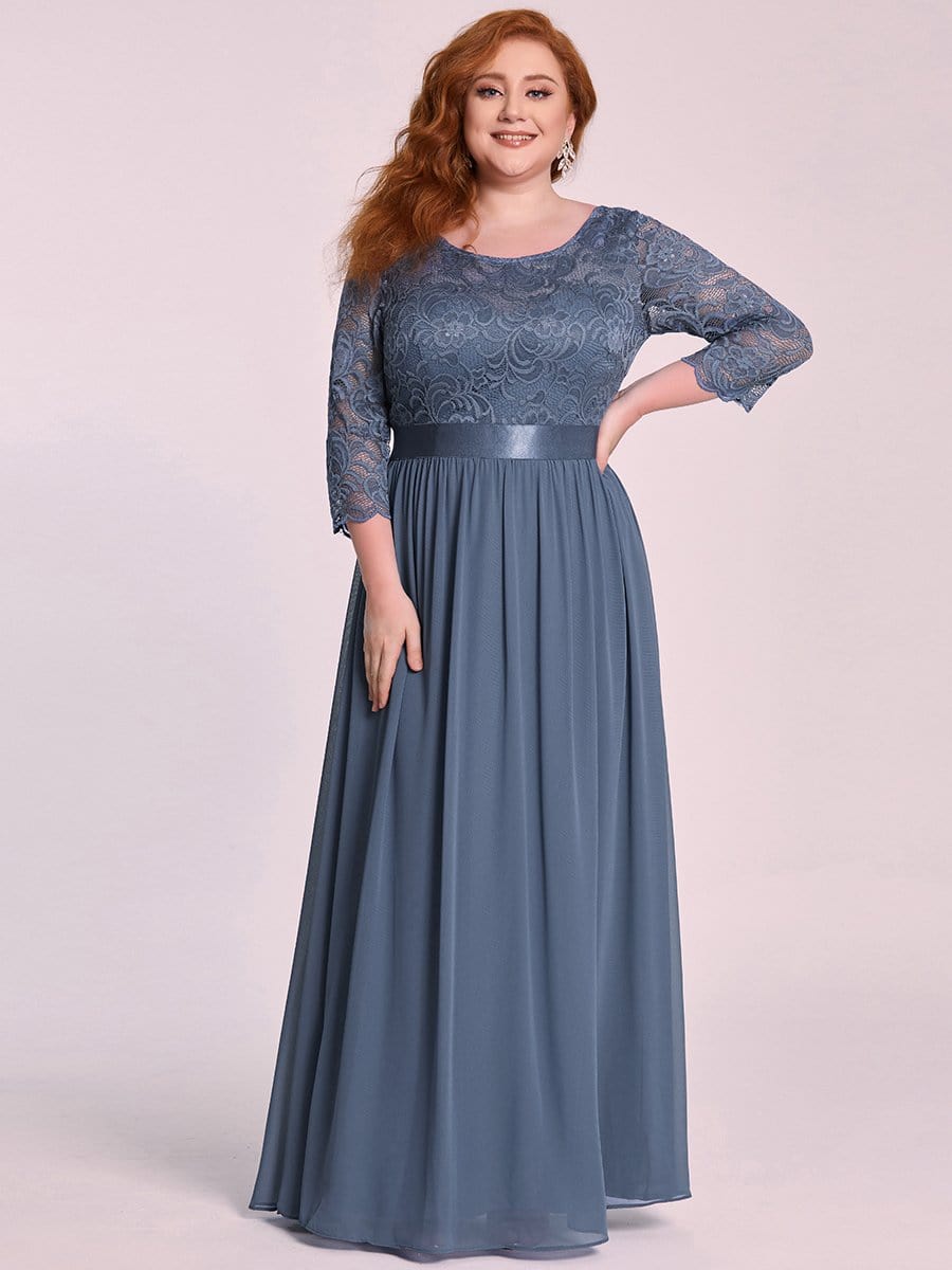 Plus Size Long Lace Sleeve Formal Evening Gowns #color_Dusty Navy 