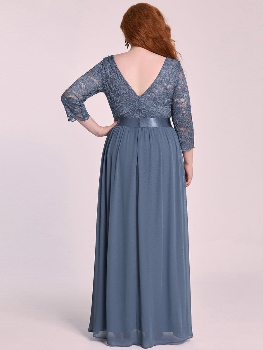 Plus Size Long Lace Sleeve Formal Evening Gowns #color_Dusty Navy 