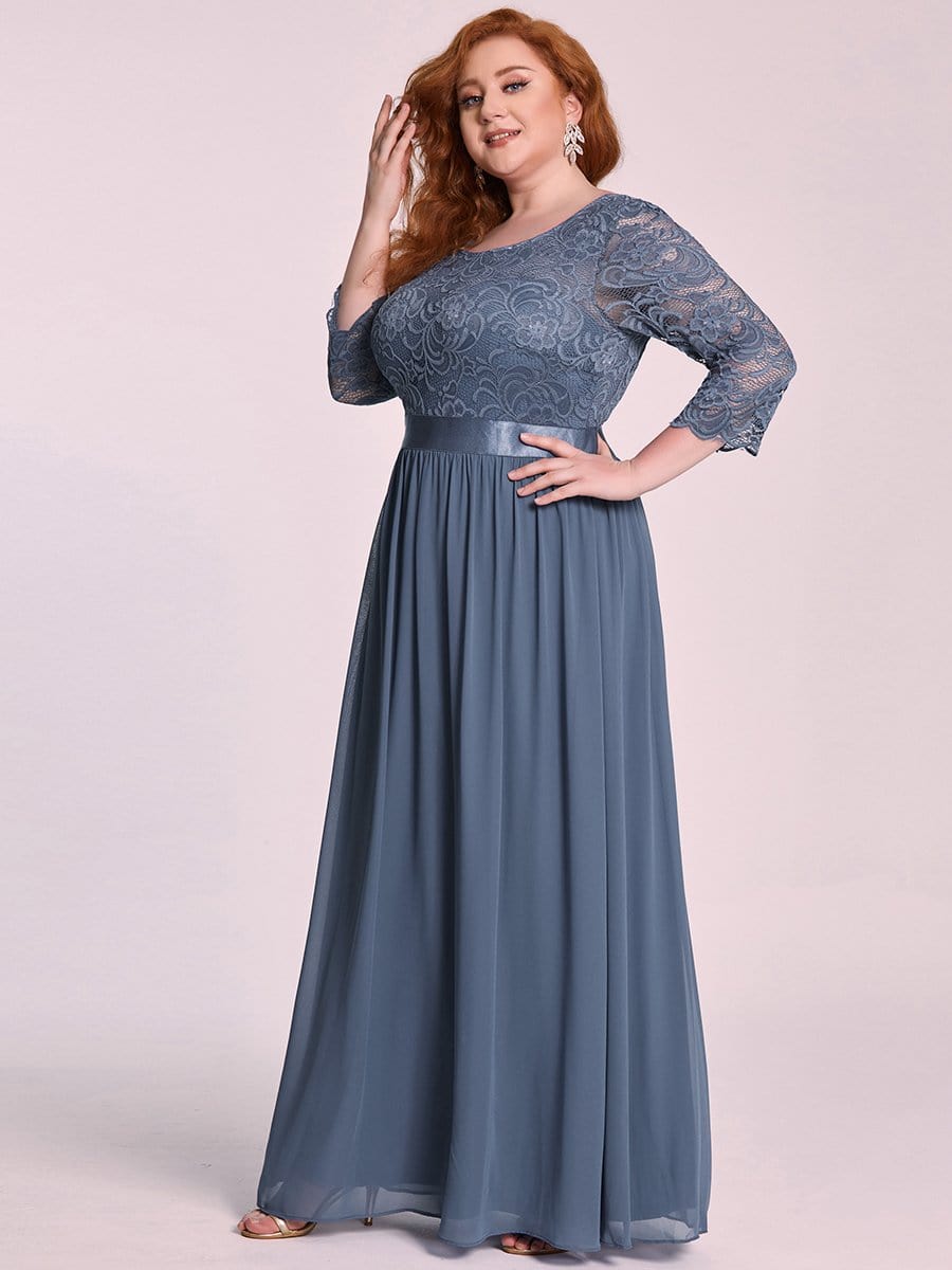 Plus Size Long Lace Sleeve Formal Evening Gowns #color_Dusty Navy 