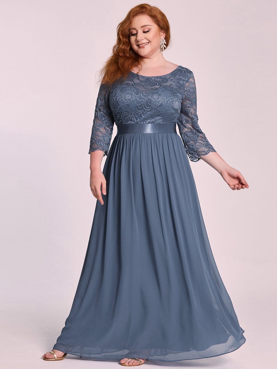 Plus Size Long Lace Sleeve Formal Evening Gowns #color_Dusty Navy 