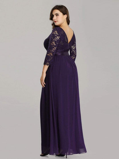 Plus Size Long Lace Sleeve Formal Evening Gowns #color_Dark Purple 