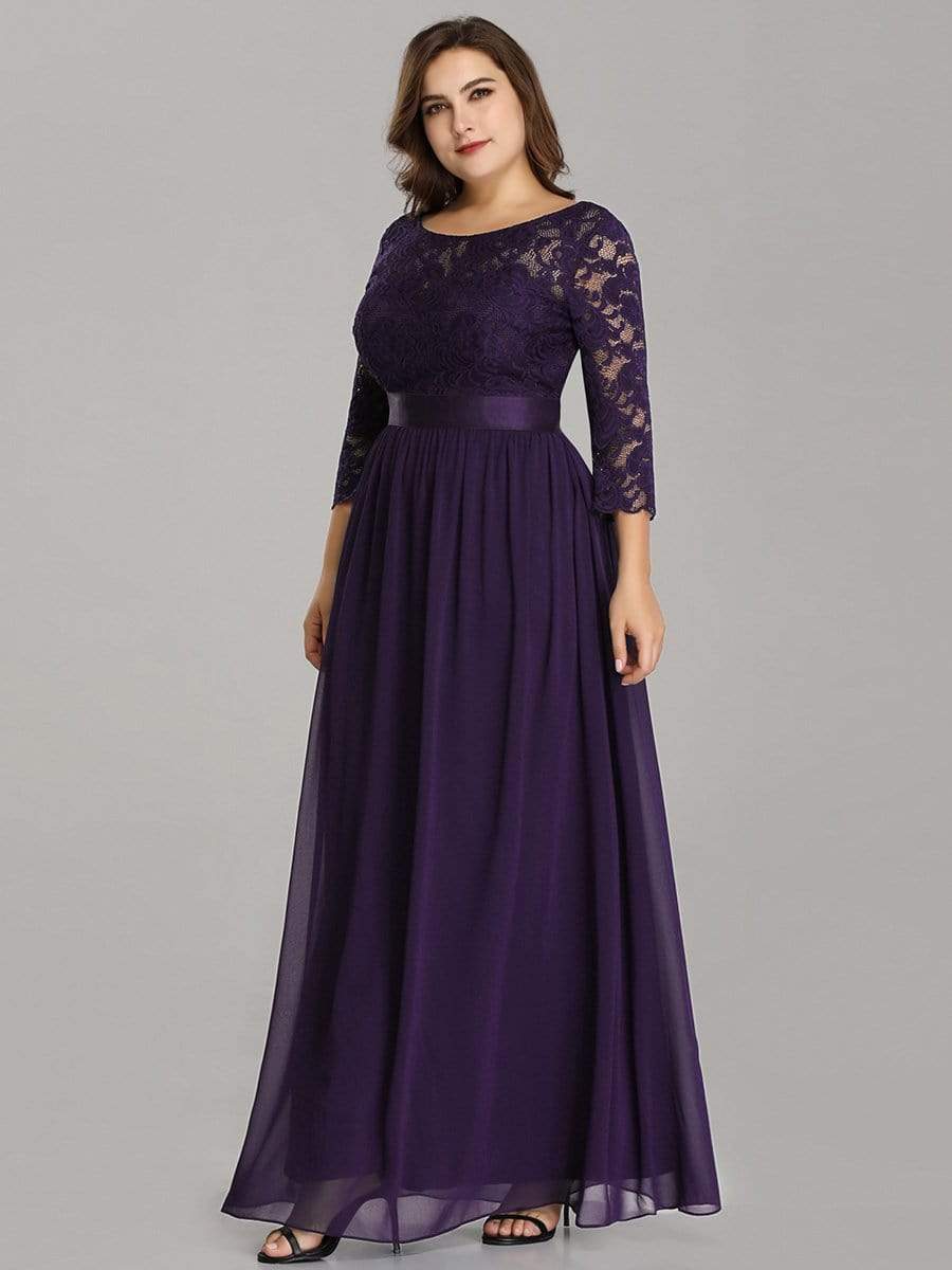 Plus Size Long Lace Sleeve Formal Evening Gowns #color_Dark Purple 