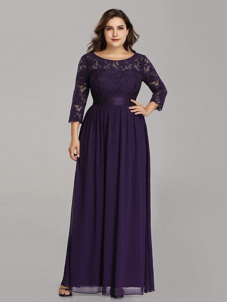 Plus Size Long Lace Sleeve Formal Evening Gowns #color_Dark Purple 