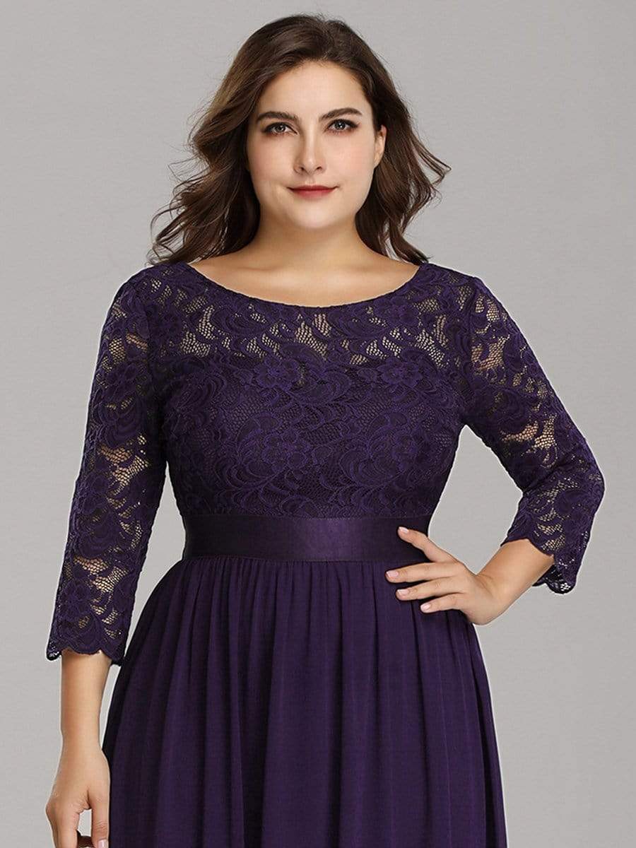 Plus Size Long Lace Sleeve Formal Evening Gowns #color_Dark Purple 