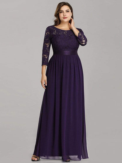 Plus Size Long Lace Sleeve Formal Evening Gowns #color_Dark Purple 