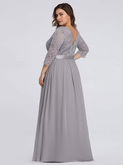 Plus Size Long Lace Sleeve Formal Evening Gowns #color_Grey 