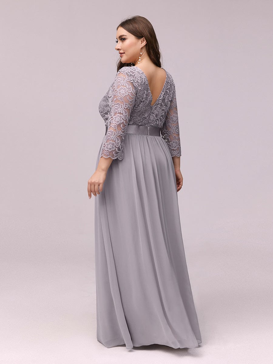 Custom Size See-Through Maxi Lace Evening Dress with Half Sleeve #color_Grey