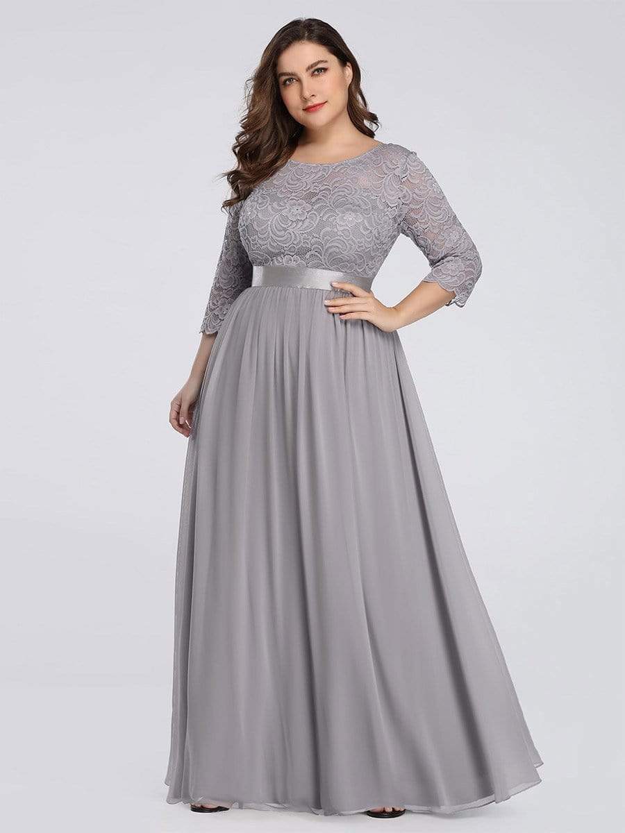 Plus Size Long Lace Sleeve Formal Evening Gowns #color_Grey 