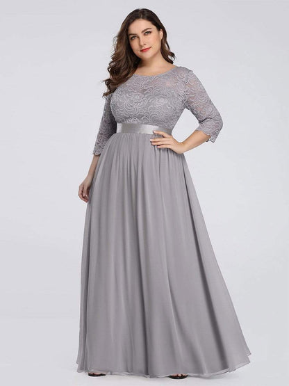 Plus Size Long Lace Sleeve Formal Evening Gowns #color_Grey 