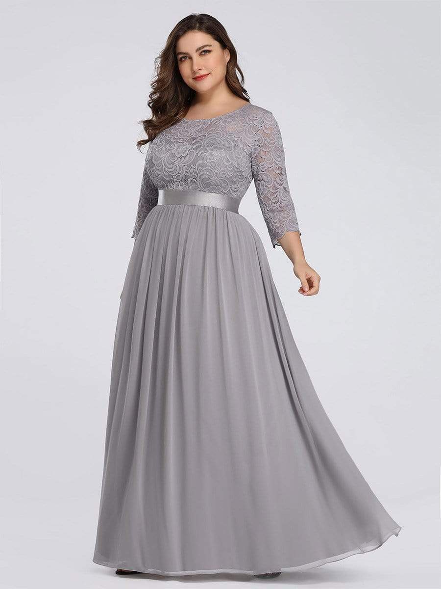 Plus Size Long Lace Sleeve Formal Evening Gowns #color_Grey 