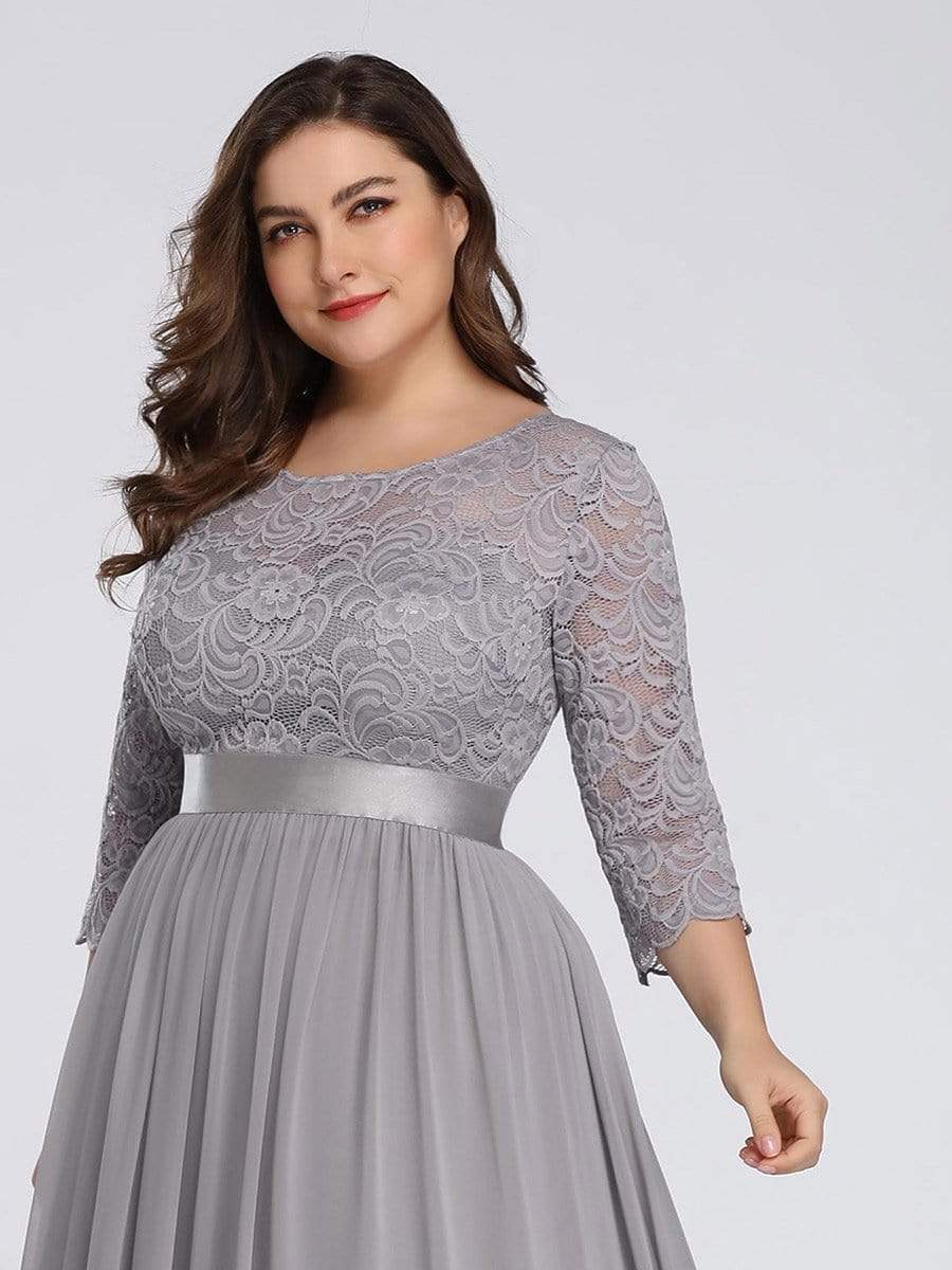 Plus Size Long Lace Sleeve Formal Evening Gowns #color_Grey 