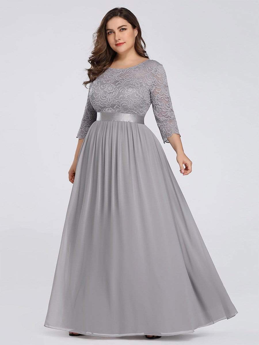 Plus Size Long Lace Sleeve Formal Evening Gowns #color_Grey 