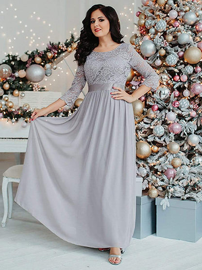 See-Through Floor Length Lace Evening Dress with Half Sleeve #color_Grey 