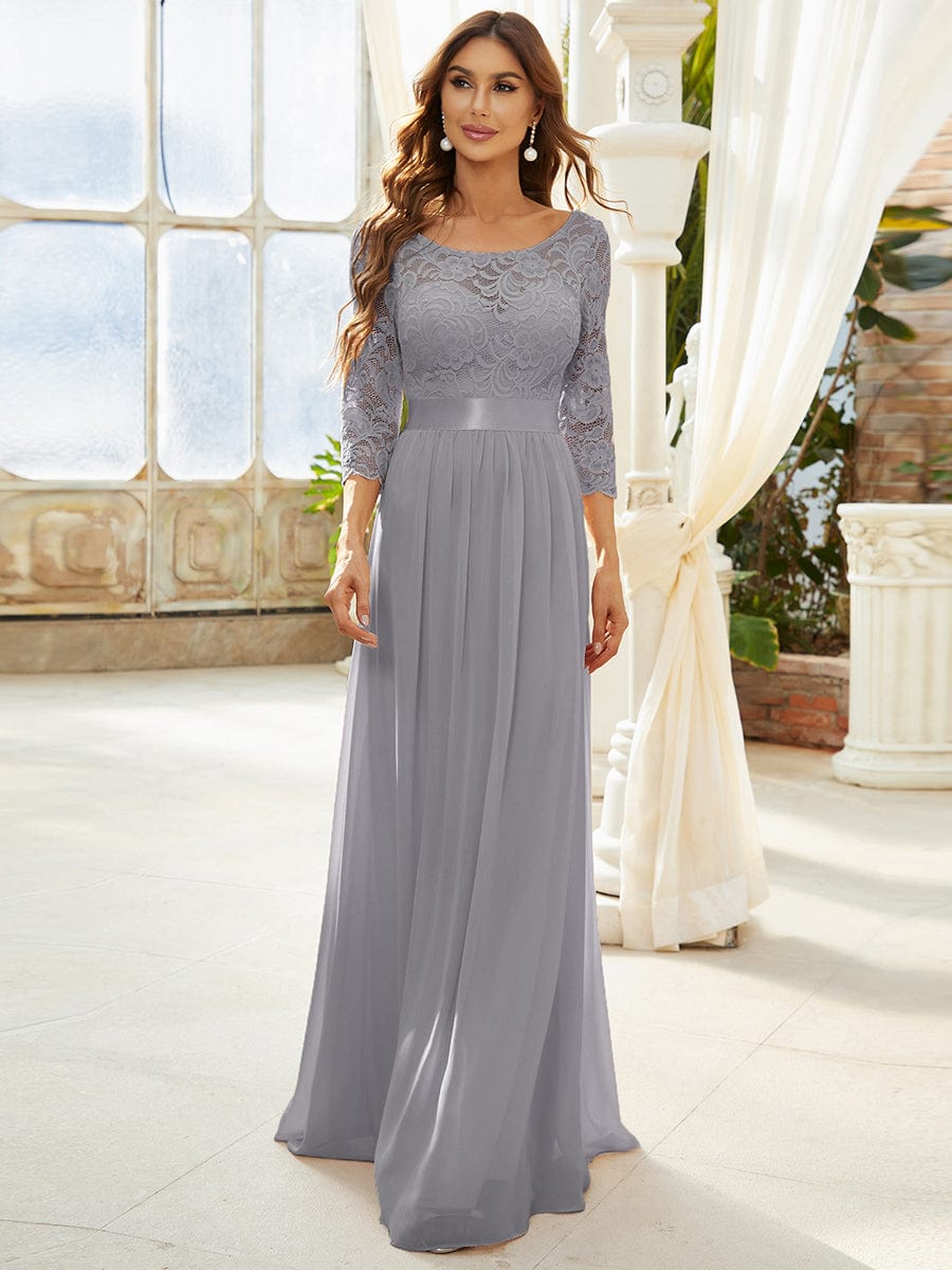 See-Through Floor Length Lace Evening Dress with Half Sleeve #color_Grey