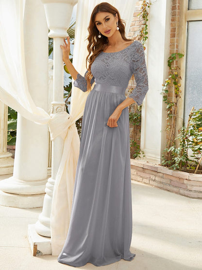 See-Through Floor Length Lace Evening Dress with Half Sleeve #color_Grey